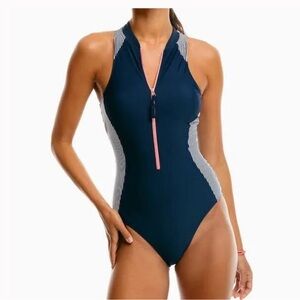 Southern Tide Seersucker front zip swimsuit - NWT L